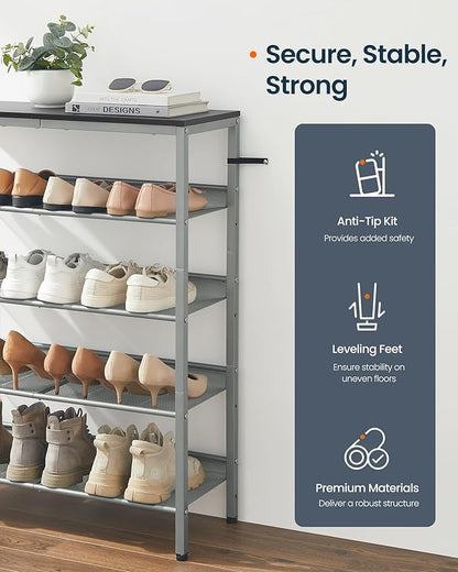 SONGMICS HOME 5 Tier Shoe Storage Organizer, Freestanding Shoe Rack, Dense Mesh, for Living Room, Bedroom, Entryway, Gray and Silver
