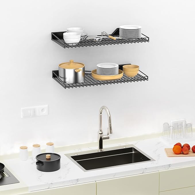 TORACK 2 Pack Wall Mounted Storage Shelves, 23.5" x 12" Wall Shelf for Garage, Closet, Laundry Room, Heavy Duty Garage Wall Shelving, Holds Up to 65 lbs(Black)