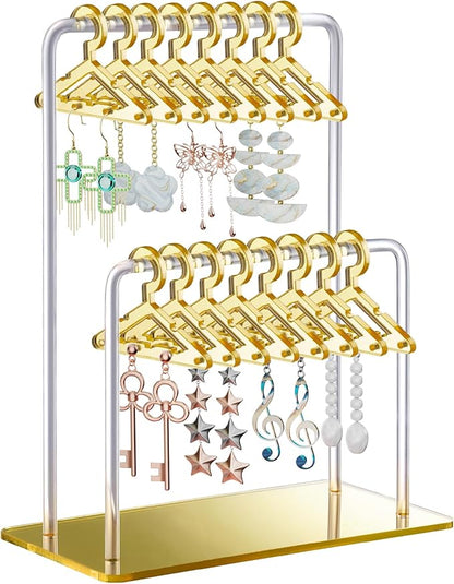 NiHome Glitter Acrylic Earring Holder with Unique Double-Tiered Design, Miniature Clothing Hangers with Spacious Storage for 48 Pairs, Mirror-Finish Display for Home Vanity & Retail Showrooms(Gold)