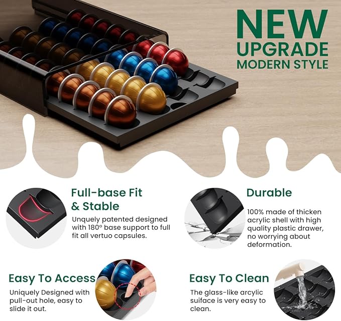 Coffee Pods Storage for Nespresso Vertuo Capsules Organizer, with Arcylic Top & Plastic Drawer, Holds 40 Pods