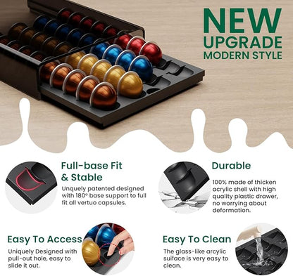 Coffee Pods Storage for Nespresso Vertuo Capsules Organizer, with Arcylic Top & Plastic Drawer, Holds 40 Pods