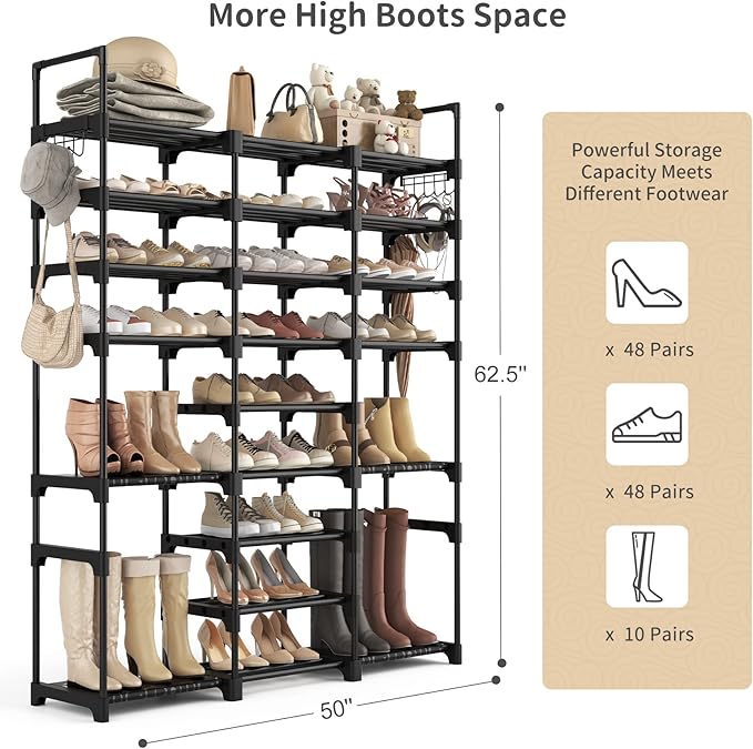 Tall Shoe Rack Organizer 9 Tiers 50-55 Pairs Large Shoe Rack for Closet Entryway Garage Big Shoe Storage with Side Hooks Black Metal Free Standing Shoe Racks Sturdy Shoe Shelf Tower
