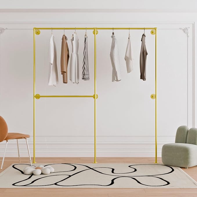 Gold Industrial Pipe Clothing Rack 75" W Wall Mounted, Heavy Duty Iron Garment Rack 150 lbs per Rod, Open Closet Organizer for Bedroom Laundry Room Retail Display