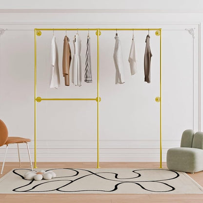 Gold Industrial Pipe Clothing Rack 75" W Wall Mounted, Heavy Duty Iron Garment Rack 150 lbs per Rod, Open Closet Organizer for Bedroom Laundry Room Retail Display
