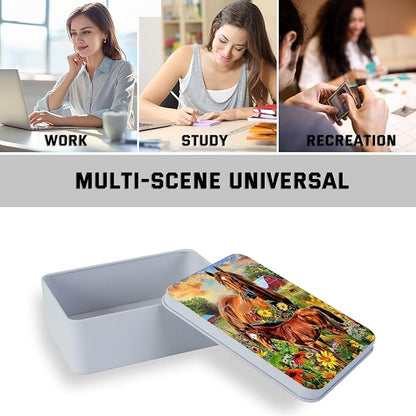 Metal Tin Box with Lid for Game Cards Home Organizer Candles Keys Crafts Storage - Equipped with 4 Magnetic Cord Clips，Horses and flowers