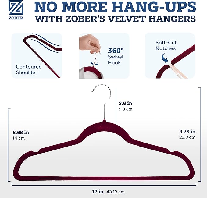 Zober Premium Quality Space Saving Luxurious Velvet Hangers Strong and Durable Hold Up to 10 Lbs - 360 Degree Chrome Swivel Hook - Ultra Thin Non Slip Suit Hangers, Royal Red/Burgundy - 50 Pack