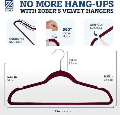 Zober Premium Quality Space Saving Luxurious Velvet Hangers Strong and Durable Hold Up to 10 Lbs - 360 Degree Chrome Swivel Hook - Ultra Thin Non Slip Suit Hangers, Royal Red/Burgundy - 50 Pack