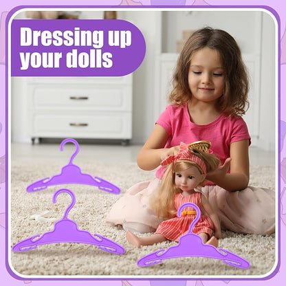 Soulchen 50 Pcs Doll Clothes Hangers for 18 Inch Dolls, Purple Plastic Clothes Hangers with Non-Slip Clips, Space-Saving Wardrobe Accessories for Gown Dress Outfit