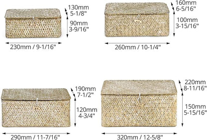 QWORK Seagrass Basket Set with Lids - 4-Piece Rattan Wicker Storage Baskets in Assorted Sizes, Handwoven, Durable Organizer for Home & Office, Rustic Farmhouse Decor, White