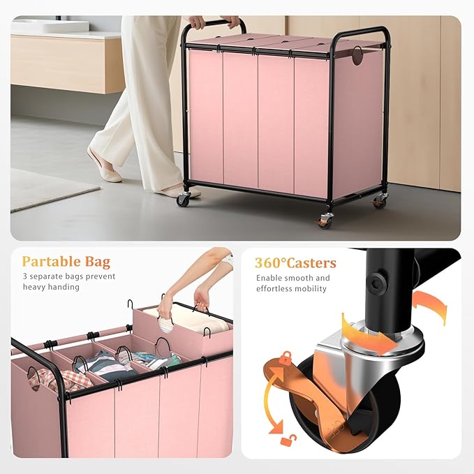 Laundry Sorter 4 Sections 48 Gal, Rolling Laundry Basket with Lockable Wheels and Lid, Laundry Hamper with 4 Separated Removable Bags Dirty Clothes Hamper for Laundry Room Organizer, Pink
