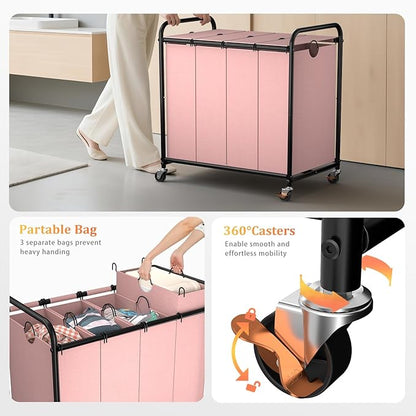 Laundry Sorter 4 Sections 48 Gal, Rolling Laundry Basket with Lockable Wheels and Lid, Laundry Hamper with 4 Separated Removable Bags Dirty Clothes Hamper for Laundry Room Organizer, Pink