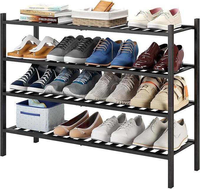 Long Shoe Rack, 4-Tier Bamboo Stackable Shoe Shelf Storage Organizer, Shoe Stand for Closet, Entryway and Hallway(Black)