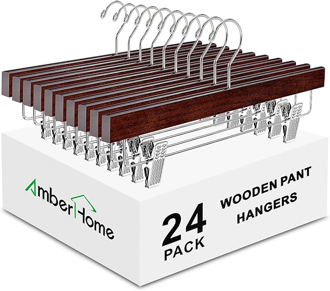 Amber Home 24 Pack Walnut Wooden Pants Hangers with Clips, 14" Wood Skirt & Trousers Hangers, Closet Hangers for Jeans, Slacks, Shorts, with 2-Adjustable Clips (Vintage, 24)