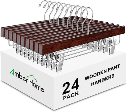 Amber Home 24 Pack Walnut Wooden Pants Hangers with Clips, 14" Wood Skirt & Trousers Hangers, Closet Hangers for Jeans, Slacks, Shorts, with 2-Adjustable Clips (Vintage, 24)