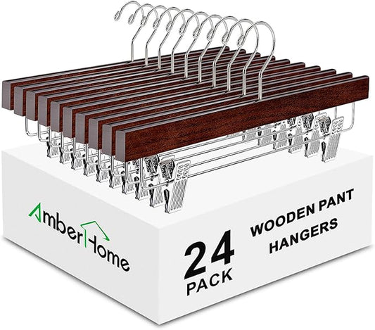 Amber Home 24 Pack Walnut Wooden Pants Hangers with Clips, 14" Wood Skirt & Trousers Hangers, Closet Hangers for Jeans, Slacks, Shorts, with 2-Adjustable Clips (Vintage, 24)
