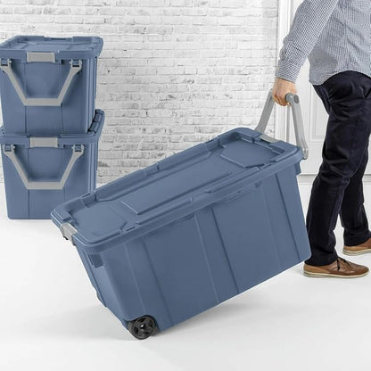 Storage Bin 40 Gallon Plastic Rolling Stacker Storage Box 160 Qt Wheeled Industrial Tote Tough Lidded Stackable Storage Container for Home, Garage, Blue Moonlight Base and Lid 2-pack