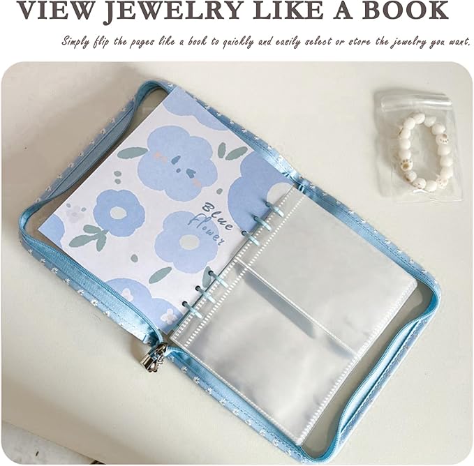 Jewelry Organizer Travel,Jewelry Storage Book with 45 Portable thick PVC pouches,Jewelry Organizer Zipper Bags for Necklaces Bracelet Rings and Earrings (front cover removable),Blue