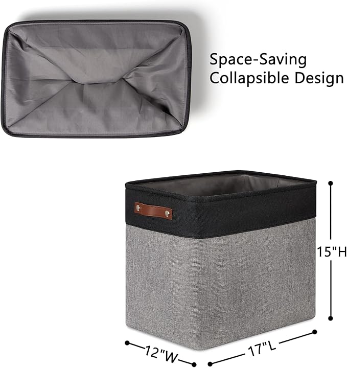 DULLEMELO Large Collapsible Storage Basket/Bin with Sturdy Leather Handles, Fabric Organizer Bin for Storage Clothes, Books, Office, Bedroom, Closet, Nursery & Laundry (Black&Gray)