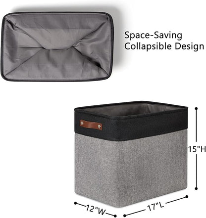 DULLEMELO Large Collapsible Storage Basket/Bin with Sturdy Leather Handles, Fabric Organizer Bin for Storage Clothes, Books, Office, Bedroom, Closet, Nursery & Laundry (Black&Gray)
