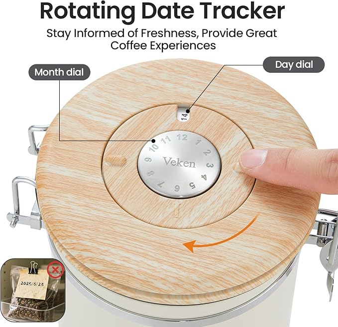 Veken Coffee Canister, Airtight Stainless Steel Kitchen Food Storage Container with Date Tracker and Scoop for Beans, Grounds, Tea, Flour, Cereal, Sugar, Cookie, 16OZ, Cream