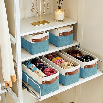 Bagnizer Small Fabric Storage Baskets, 15x6x5 inch Narrow Storage Bins 4-Pack Long Storage Basket for Organizing with Handles, Decorative Basket for Closets, Shelves, Toilet Paper, Teal
