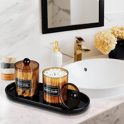 SheeChung 4-Pack Amber Acrylic Apothecary Jars - (2) 10oz & (2) 12oz Qtip Holder Set - Shatterproof Bathroom Vanity Organizer for Cotton Swabs,Balls,Pads - Modern Farmhouse Decor