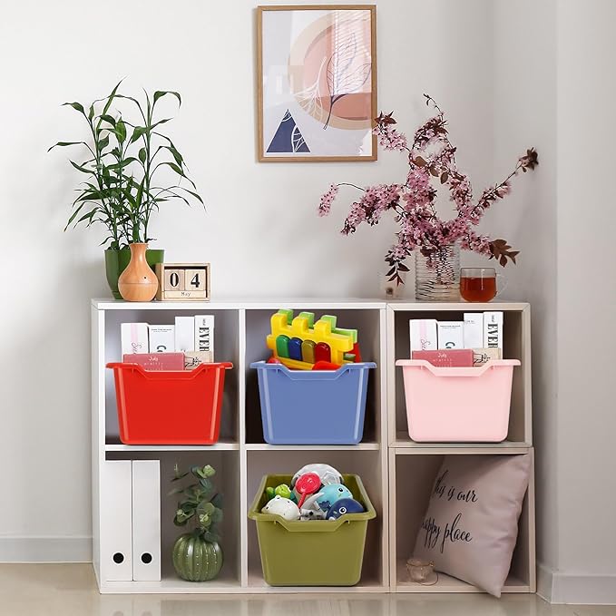 Dandat 16 Pcs Plastic Book Bins for Classroom Library Cubby Bins Scoop Front Stackable Toy Storage Tubs Containers for School Office Home Nursery Playroom Organization (Vintage Color)