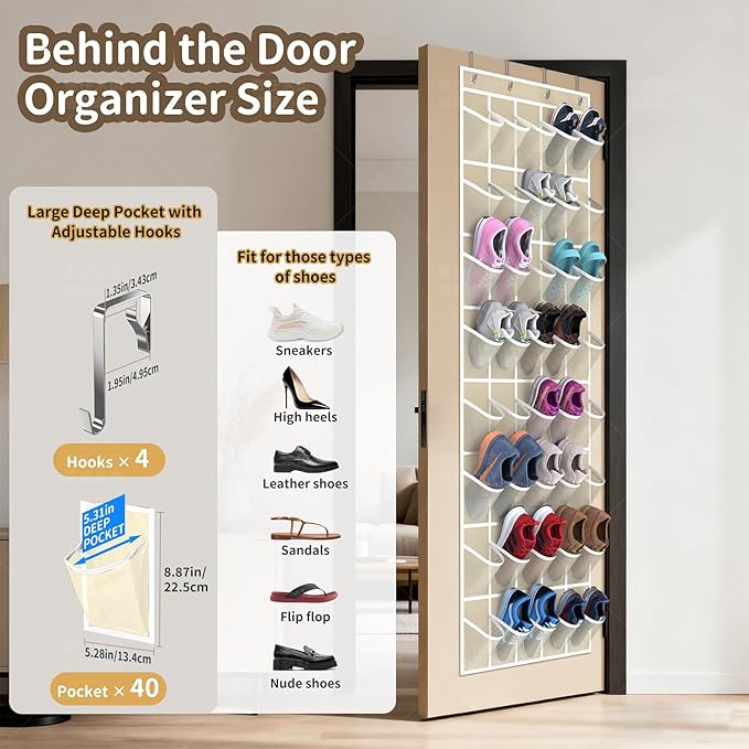 Over the Door Shoe Organizer with 40 Large Pockets, Multi-Purpose Storage for Shoe and Accessories, Durable Fabric with Adjustable Hooks for Home Closet Bedroom Entryway -Beige
