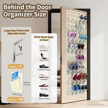Over the Door Shoe Organizer with 40 Large Pockets, Multi-Purpose Storage for Shoe and Accessories, Durable Fabric with Adjustable Hooks for Home Closet Bedroom Entryway -Beige