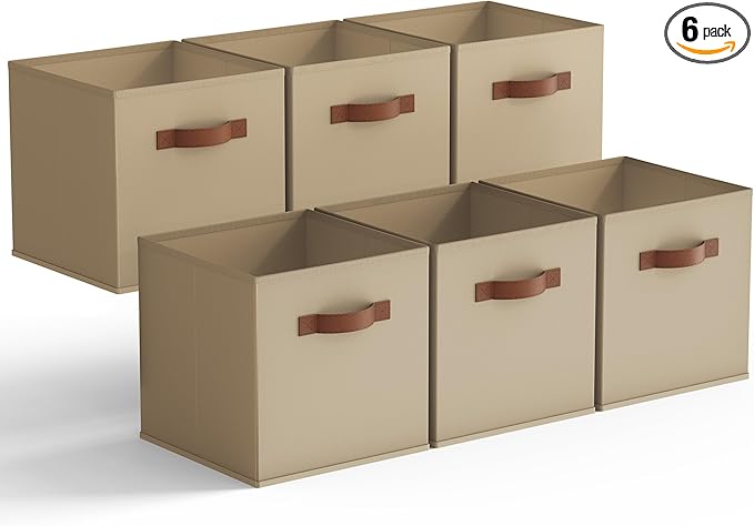 GRANNY SAYS Cube Storage Bins, 11 Inch Cube Storage Organizer with PU Handle, Khaki, Foldable Clothing Organizer Bins, Storage Baskets for Shelves, Closet, 6-Pack