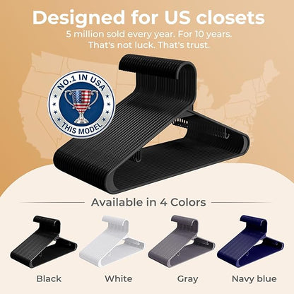 HOUSE DAY Plastic Hangers 20 Pack, Space Saving Clothes Hangers with Built-in Hooks, Durable & Strong Closet Organizers and Storage, Dorm Room Essential, Perfect for Shirts, Coat, Pants, Dress - Black
