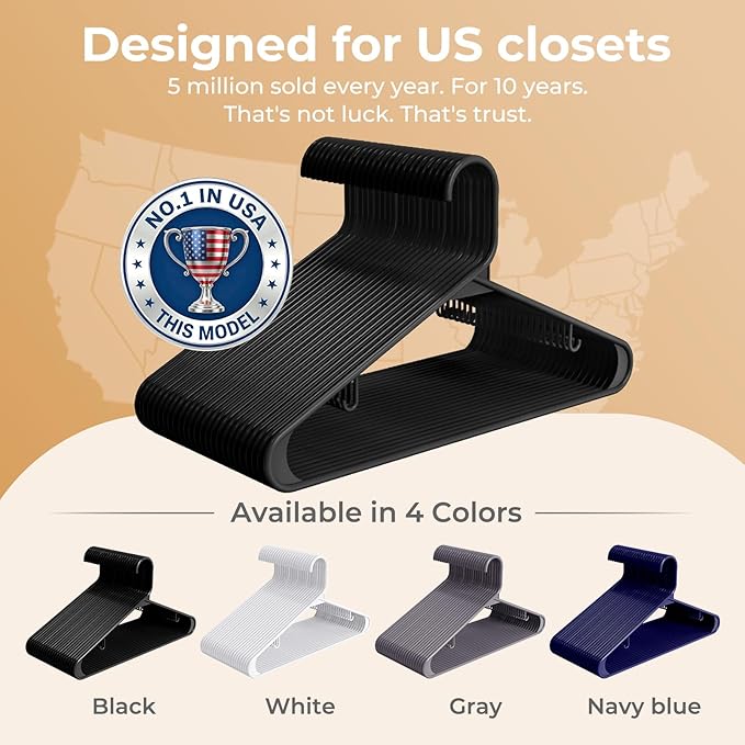 HOUSE DAY Black Plastic Hangers 10 Pack, Plastic Clothes Hangers with Built-in Hooks, Durable and Strong Coat Hanger for Closet, Space Saving Clothing Hanger for Shirts, Coats, Skirt, Dress