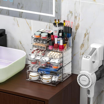 Acrylic Clear Make up Organizers And Storage for Vanity,Bathroom Skincare Organizer With 8 Drawer for Dresser,Plastic Desk Accessories Organization,Cosmetic Organizer Countertop for Beauty,Skin Care