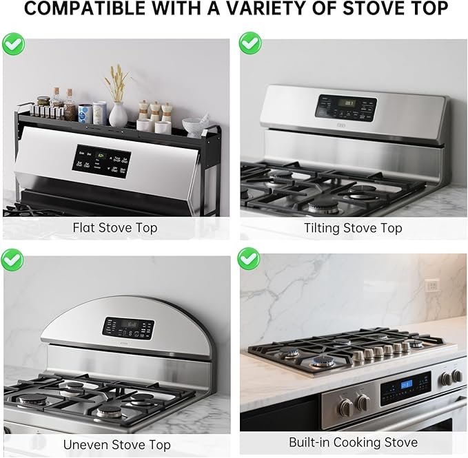 Kitchen Spice Rack Over The Stove, Shelf for Back of Stove, Stove Top Shelf for Seasoning Organizer, Over Oven Shelf, Countertop, Expandable Length 27.3''-32.6'', 4 Adjustable Height (Black, Normal)