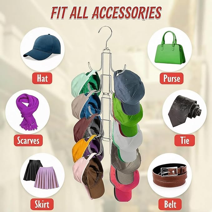 Baseball Hat Organizer for Closet, Collapsible Caps Rack with 10 Rotatable Large Hooks, Hat Hanger for Display,Storage and Closet Organizers,Metal Space Saving Holds Up to 40 Caps (1 pack)
