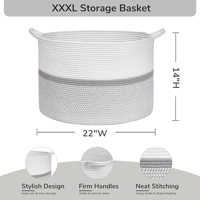 CHICVITA 85L Large Blanket Basket for Living Room, Woven Storage Baskets for Laundry Pillows Toys, Decorative Cotton Rope Basket with Handles for Bedroom Nursery, 22" x 22" x 14", Gray