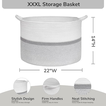 CHICVITA 85L Large Blanket Basket for Living Room, Woven Storage Baskets for Laundry Pillows Toys, Decorative Cotton Rope Basket with Handles for Bedroom Nursery, 22" x 22" x 14", Gray