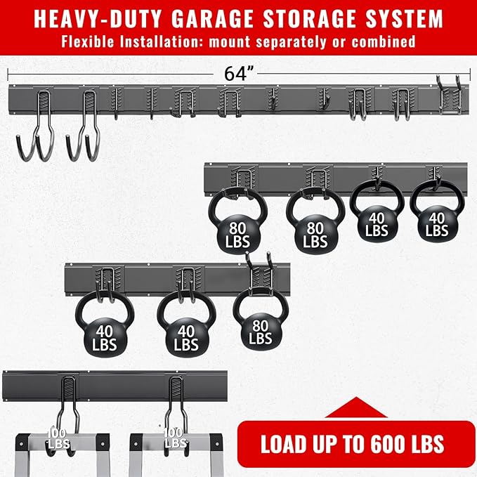 Garage Tool Organizer Wall Mount, Easy to 64inch Install Heavy-Duty Garage Storage System with 11 Adjustable Hooks, Garden Tool Rack for Shovels, Rakes, Yard Tools