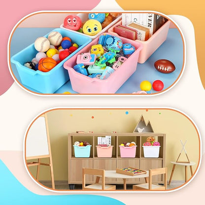 Dandat 16 Pcs Plastic Book Bins for Classroom Library Cubby Bins Scoop Front Stackable Toy Storage Tubs Containers for School Office Home Nursery Playroom Organization (Candy Color)
