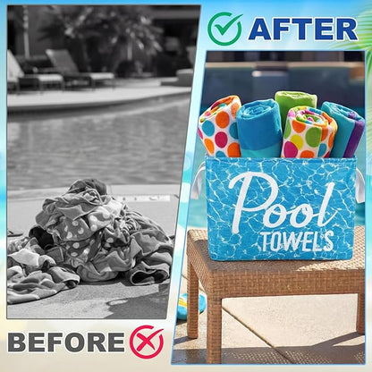 Yungyan Pool Towel Storage Basket Bin and Organizer Large Pool Towel Storage Basket Waterproof Canvas Cube with Handle Beach Gift for Outdoor Summer Seaside Home Clothes Books Toys Organization, Blue