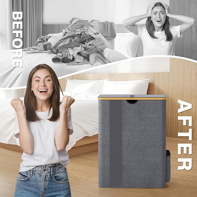 BlissTotes Laundry Basket with Lid, 150L Clothes Laundry Hamper with Handles and 2 Removable Laundry Bag, Breathable Design Hamper with Lid for Bedroom, Bathroom, Dorm, Laundry Room - Light Grey