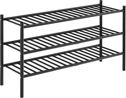 ROMGUAR CRAFT 3-Tier Bamboo Long Shoe Rack, Free Standing Wood Shoe Shelf Storage Organizer for Closet Entryway Stackable 35"x11"x20" (Black)