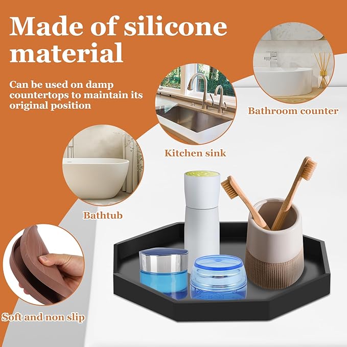 3Pcs Bathroom Trays with Anti Slip Bottom Decorative Silicone Vanity Trays Space Saving Perfume Trays for Candle Soap Shampoo (Octagon)