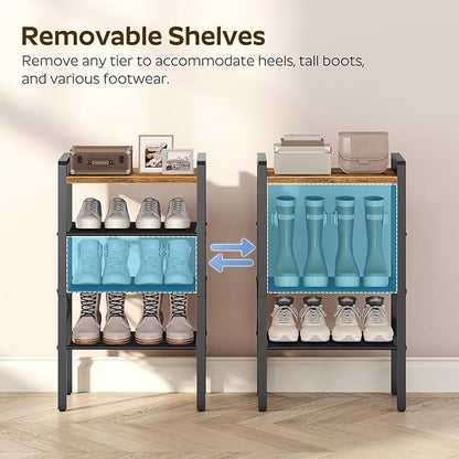 YATINEY 4-Tier Narrow Shoe Rack, Tall Shoe Rack for 4-8 Pairs, Slim Shoe Storage Organizer with Wooden Top, Space Saving, Metal Frame, for Entryway, Rustic Brown and Black SS64BR
