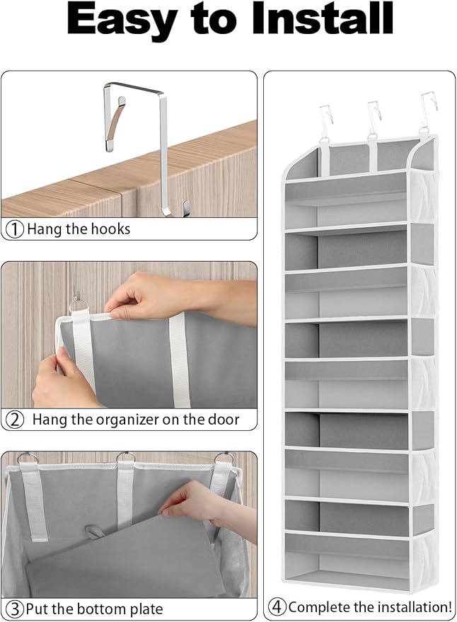 TAHAVICE 1 Pack Over The Door Storage Organizer with 5 Pockets 10 Mesh Side Pockets, 44 lbs Weight Capacity Door Hanging Organizers and Storage for Bedroom,Bathroom,Nursery,Pantry,Dorm(Light Gray)