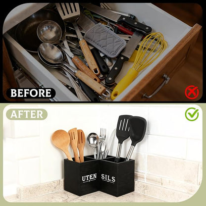 Kitchen Utensils Holder with 3 Compartments,Corner Utensil Caddy,Wooden Utensil Organizer for Countertop, Farmhouse Decor