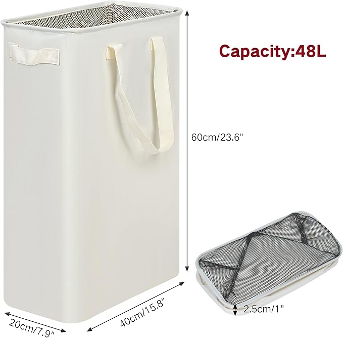 efluky Slim Laundry Basket, Narrow Laundry Hamper with Handles, Collapsible Dirty Clothes Hamper, Tall Laundry Bin for Laundry Room, Dorm and Bedroom, 12.7 Gallons(48L) Beige