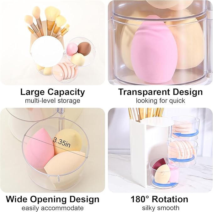 DASITON 3-Layer Makeup Brush Holder with Hair Accessories Organizer, Rotatable Desktop Organizer Case for Hair Clip, Makeup Sponge, Jewelry and Hair Accessories, Hair Brush Holder for Vanity (White)