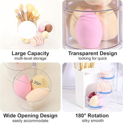 DASITON 3-Layer Makeup Brush Holder with Hair Accessories Organizer, Rotatable Desktop Organizer Case for Hair Clip, Makeup Sponge, Jewelry and Hair Accessories, Hair Brush Holder for Vanity (White)