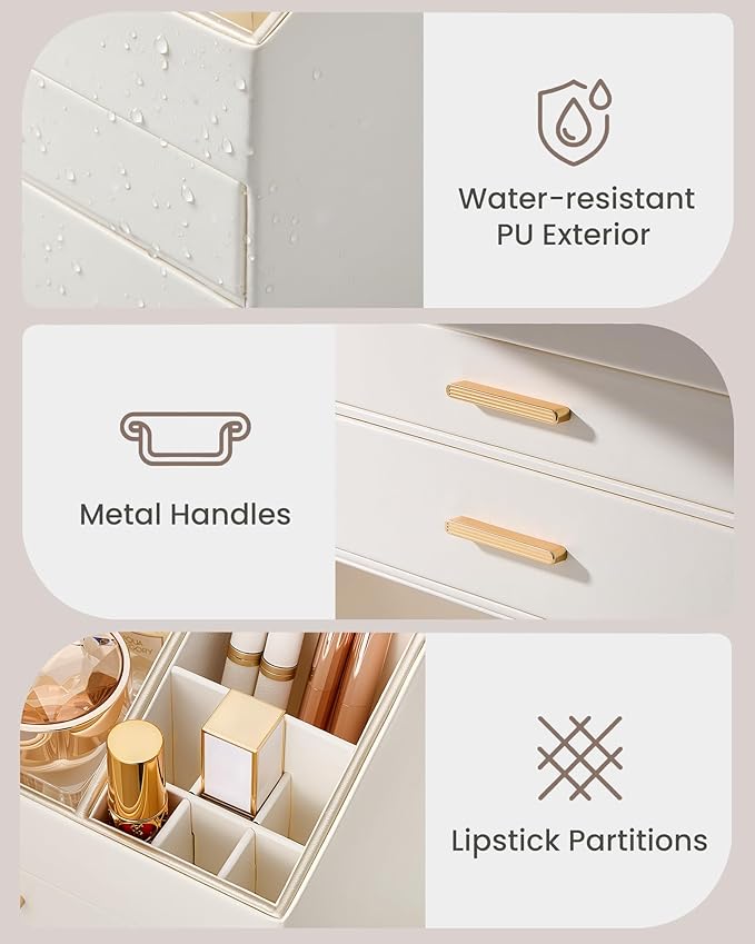 Lolalet PU Leather Makeup Organizer for Vanity Desk, 4-Layer Luxury Make Up Storage Cosmetics Holder Box with Drawers -Cream